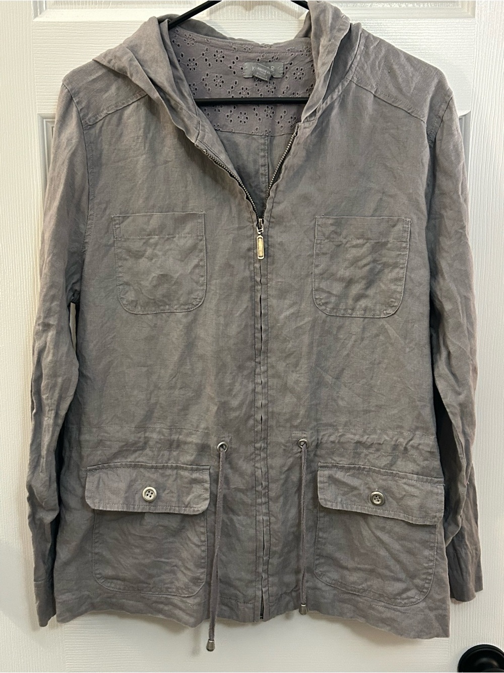 Kenar 100% Linen Gray Hooded Utility Jacket Full Zip Cinch Waist Size L